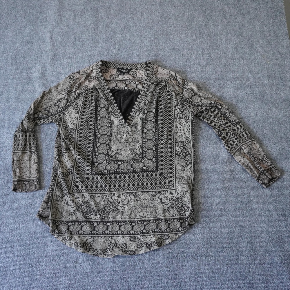 Lucky Brand Womens Black & Beige Print Peasant‎ Blouse Top Size S Boho Chic